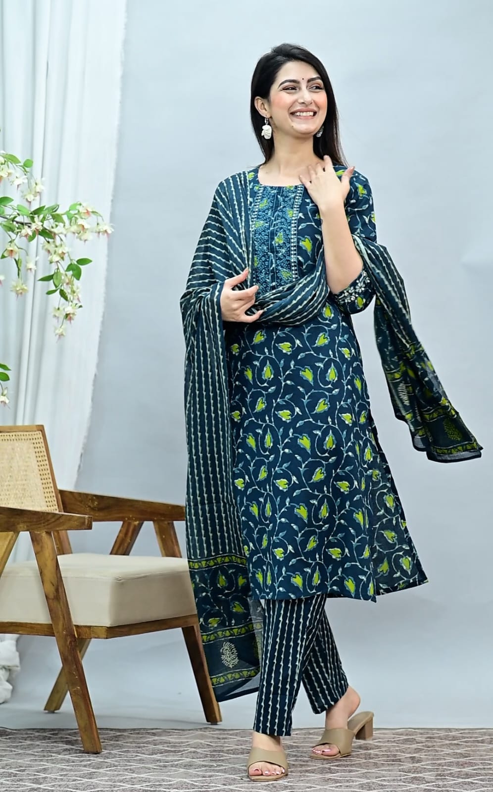 Ocean shade embroidered cotton 3piece kurti set with dupatta