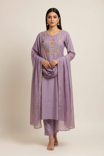 Lavender shade embroidered 3piece kurti set with beautiful dupatta