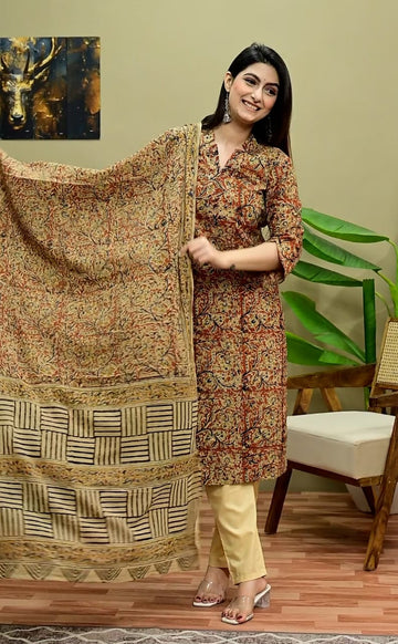 Kalamkari 3piece kurti set with long duppata