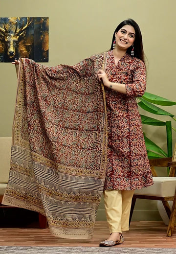 Kalamkari 3piece kurti set with long duppata