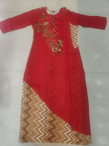 Red colour layered straight cut  embroidered kurti