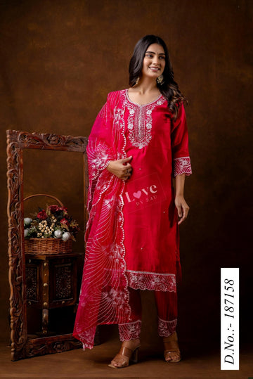 Muslin silk with thread work design 3piece kurti set with embroidered dupatta