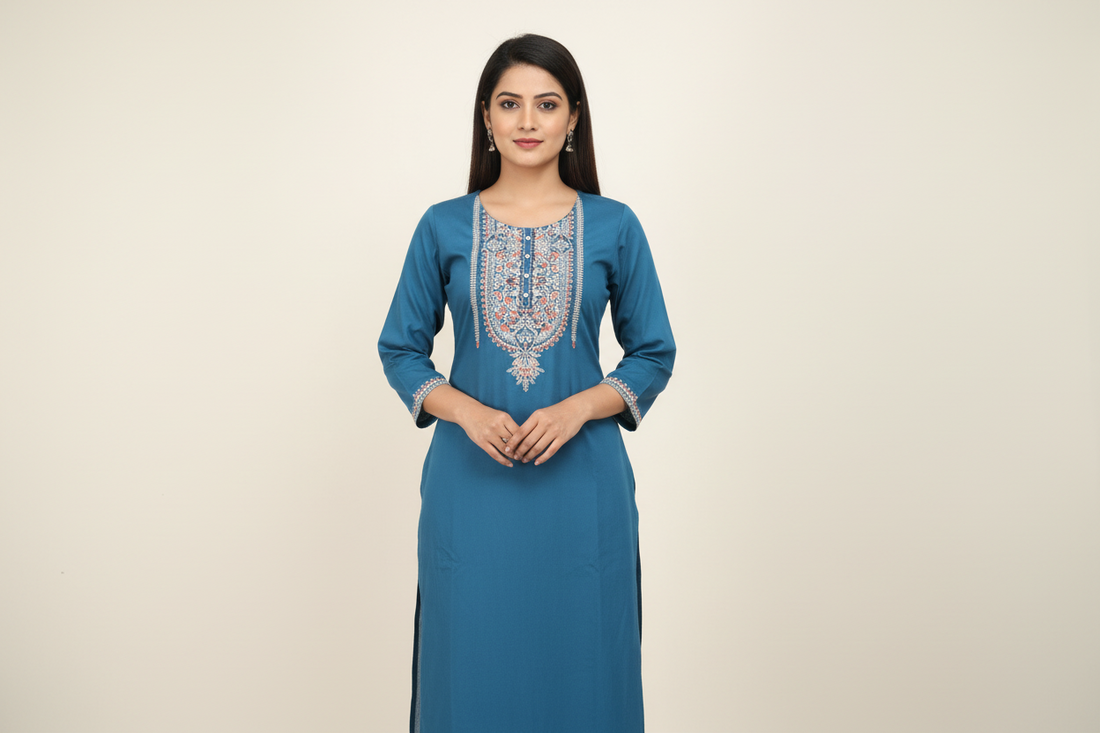 Indigo blue embroidered straight kurti