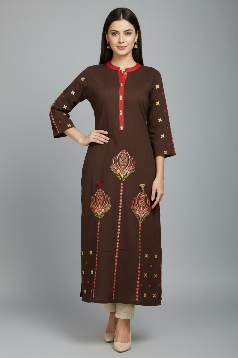 Chocolate shade full embroidered linen fabric straight kurti