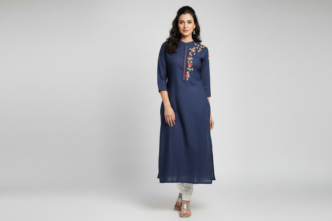 Navy blue colour embroidered straight kurti