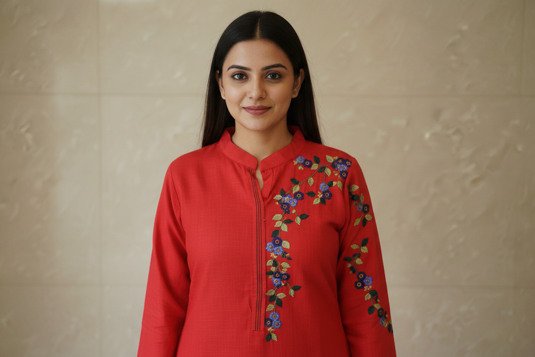 CORAL Red colour embroidery straight kurti