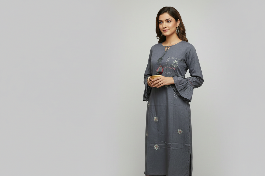 Ash shade embroidered straight kurti