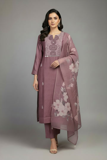 Chocolate shade embroidered fancy style 3 piece kurti set with floral dupatta