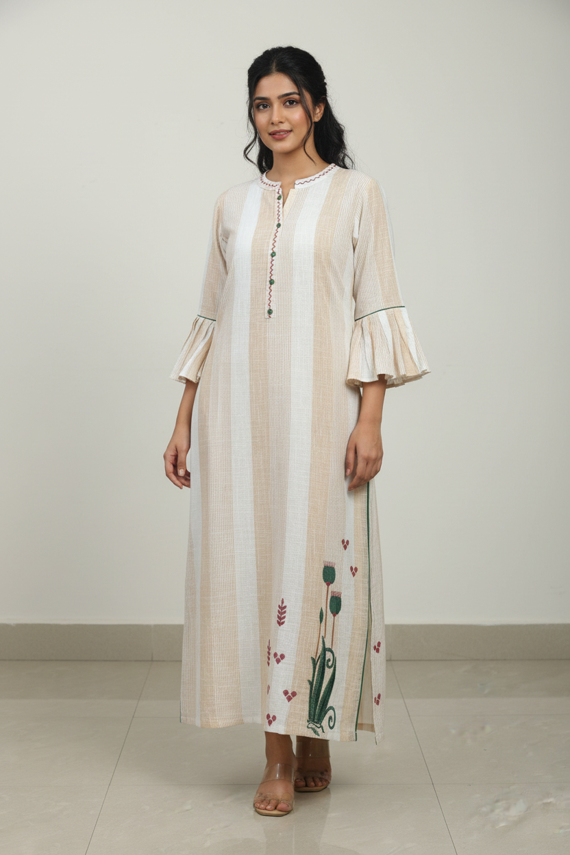 Half white colour embroidered Linen fabric straight kurti